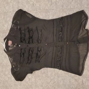 Lace Sheer See Thru Blouse Gray Super Cute Capped Sleeves Button Up sz M